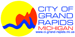 The City of Grand Rapids' logo was designed by Joseph Kinnebrew, an internationally recognized sculptor and painter. The logo incorporates a yellow sun, blue river, and a red representation of the "La Grande Vitesse" sculpture by Alexander Calder. The logo is used on everything from street signs to refuse trucks. This logo (c) Copyright 2000 City of Grand Rapids.